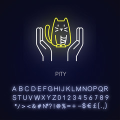 Pity neon light icon. Sympathy towards suffering animal. Moral emotion. Empathetic feeling. Outer glowing effect. Sign with alphabet, numbers and symbols. Vector isolated RGB color illustration