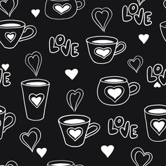 Coffee cups with hearts. Hand drawing doodle. Valentine's Day seamless pattern. Stock vector illustration.