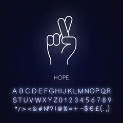 Hope neon light icon. Crossed fingers for luck. Optimistic outlook. Positive mental attitude. Outer glowing effect. Sign with alphabet, numbers and symbols. Vector isolated RGB color illustration