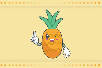 GRINNING WINK, HAPPY, cheerful Face Emotion. forefinger Hand Gesture. Pineapple Fruit Cartoon Drawn Mascot Illustration.