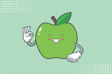 CONTENT, HAPPY , GRIN SMILE, cheerful Face Emotion. Ok, Nice, Good Hand Gesture. Green Apple Cartoon Mascot Illustration.
