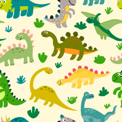 Cute dinosaurs seamless pattern in flat childlike style. Prehistoric world background. Vector illustration. 