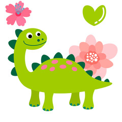 Cute cartoon dinosaur, flowers and heart in flat childlike style isolated on white background. Vector illustration. 