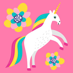 Cute cartoon unicorn with flowers in flat childlike style isolated on bright background. Vector illustration. 