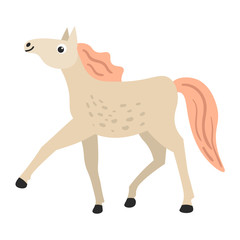 Cartoon happy white horse in flat style isolated on white background.  Foal. Vector illustration.   