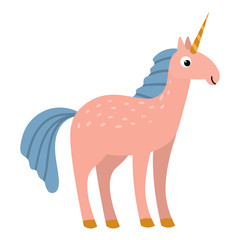 Cartoon happy pink unicorn in flat style isolated on white background. Vector illustration.   