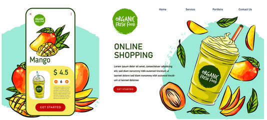 eco market Homemade mango cocktail farm product. Vector drawing vegetables. Organic farm store. Avocado market eco landing page template, ingredients vector illustration. Eco healthy, phone app