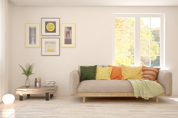 White living room with colorful sofa. Scandinavian interior design. 3D illustration