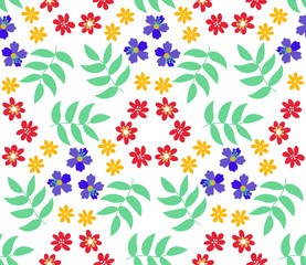 Cute cartoon flowers in flat style seamless pattern. Floral childlike style mosaic background. Vector illustration.     