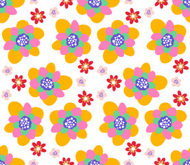 Cute cartoon flowers in flat style seamless pattern. Floral childlike style mosaic background. Vector illustration.     