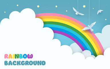 Layered blue sky background with a rainbow, clouds, flying birds, stars. Minimal scenery background in paper art style with copy-space for baby nursery, kids' room decor. Vector Illustration.