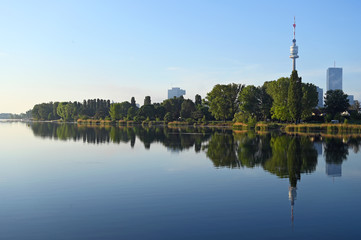 Vienna skyline on the Danube river in the morning Austria