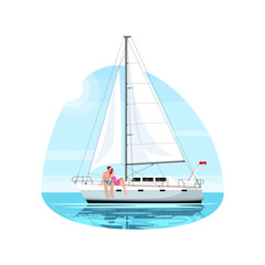 Couple on regatta semi flat vector illustration. Man and woman on romantic date. Boyfriend and girlfriend on boat. Private yacht for voyage. Summer recreation 2D cartoon characters for commercial use
