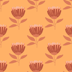 Cute cartoon polka dot flowers in flat style seamless pattern. Floral childlike style background. Vector illustration.    