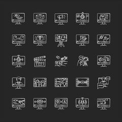 Video production chalk white icons set on black background. Internet blog content. Promotional, informational and entertainment videography. Isolated vector chalkboard illustrations