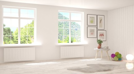 White empty room with summer landscape in window. Scandinavian interior design. 3D illustration