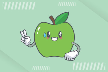 NERVOUS, PHEW, DISAPPOINTED, RELIEVED Face Emotion. Peace Hand Gesture. Green Apple Cartoon Mascot Illustration
