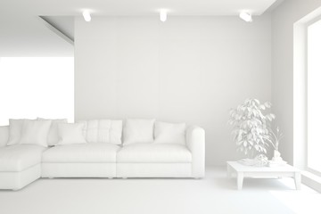 White minimalist living room with sofa. Scandinavian interior design. 3D illustration