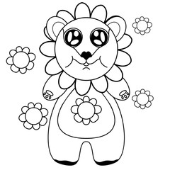 bear drawn in black thick outline in a flower hat