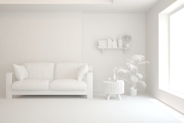 White minimalist living room with sofa. Scandinavian interior design. 3D illustration