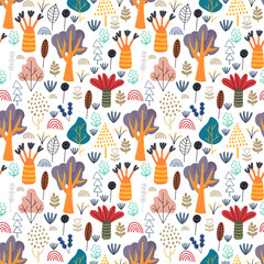 Cartoon doodle forest seamless pattern. Trees, bushes, leaves, flowers in Scandinavian childlike style background. Vector illustration.  