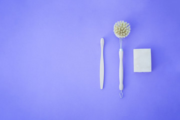 Eco product with wooden goods and sustainable product for body care hygiene