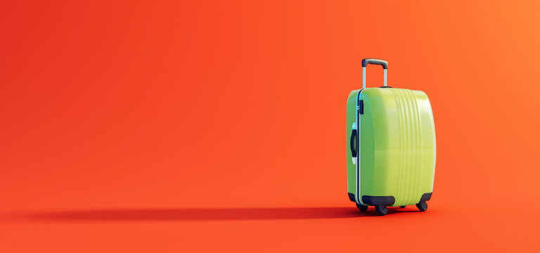 Green luggage ready for travel on lush orange background 3D Rendering