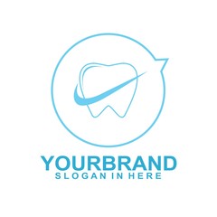 Dental logo creative design. Dentist logo with tick symbol. Dental care clinic company logo design. Chatting dental logo concept flat line style.