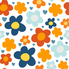 Fototapeta na wymiar Cute cartoon flowers with hearts seamless pattern. Floral background. Vector illustration. 