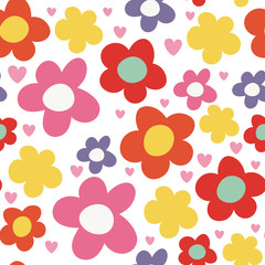 Cute cartoon flowers with hearts seamless pattern. Floral background. Vector illustration.  