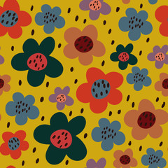 Cute cartoon flowers with dots seamless pattern. Floral background. Vector illustration. 