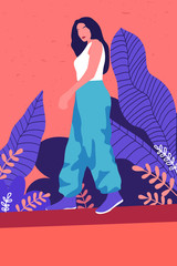 Young beautiful girl portrait. Cartoon teen lady background for design birthday gift card,  party invitation, feminism  event, shop sale, night out t shirts print etc. 