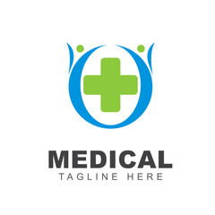 Obraz premium Medical pharmacy logo design template with cross plus sign and human shape illustration. Symbol of health care and medicine service center concept. Vector can use for branding identity doctor office