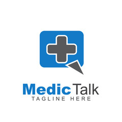 Medical talk pharmacy logo design template with cross plus sign shape and bubble chat illustration. Vector symbol of help center and discussion forum health care or group clinic medicine service