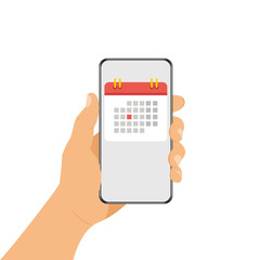 Smartphone in the hand. Online calendar, calendar on the phone. Important date on the calendar. Vector illustration.