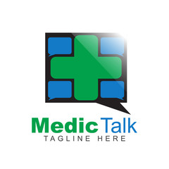 Medical talk pharmacy logo design template with cross plus sign shape and bubble chat illustration. Vector symbol of help center and discussion forum health care or group clinic medicine service