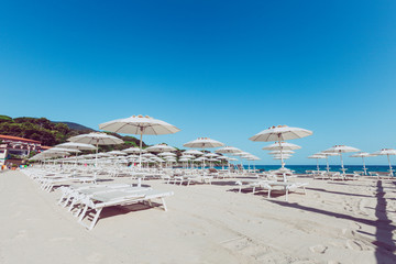 Beach and Italian Tyrrhenian coast with a multitude seamsless of beach umbrellas, deckchairs for vacationers. Trees and nature in the background.