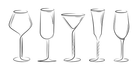 Set of stylized glasses on a white background. Isolated sketch cocktails
