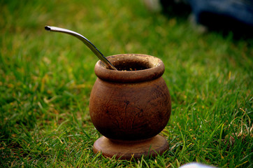 Argentinian traditional Mate on the grass with bombilla stick.