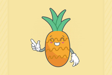 CONTENT, HAPPY , GRIN SMILE, cheerful Face Emotion. forefinger pointed at Hand Gesture. Pineapple Fruit Cartoon Drawn Mascot Illustration.