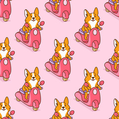 Seamless pattern with cute corgi dog rides on a pink motobike. It can be used for packaging, wrapping paper, textile, home decor etc.