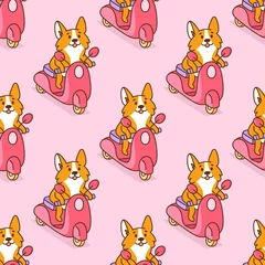 Wallpaper murals Animals in transport Seamless pattern with cute corgi dog rides on a pink motobike. It can be used for packaging, wrapping paper, textile, home decor etc.