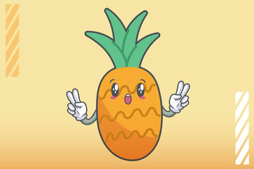 WOW ,SURPRISED, AMAZED, DISMAY Face Emotion. Double Peace Hand Gesture. Pineapple Fruit Cartoon Drawn Mascot Illustration.