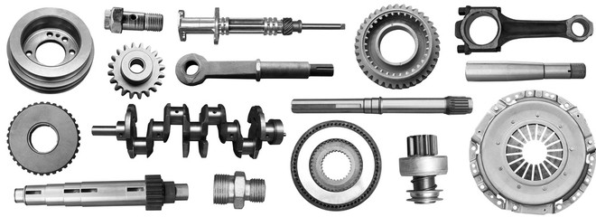 Industrial collage of spare parts. Collection industrial metal objects isolated on a white...