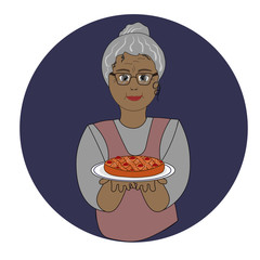Nice old lady wants to treat you to a freshly baked pie. Can be used in social networks or greeting card.