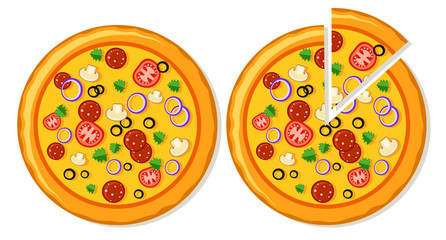 Pizzas whole and with a sliced slice. The view from top