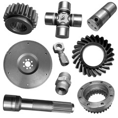 Industrial collage of spare parts. Collection industrial metal objects isolated on a white background. Banner. 