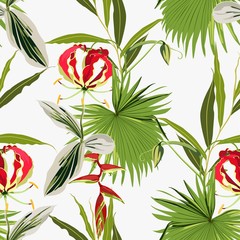 Original seamless tropical pattern with bright leaves and Gloriosa glory lily flowers background. Modern abstract design for fabric, paper, interior decor. Hawaiian style.
