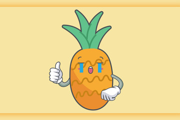 CRYING, SAD, SOB, CRY Face Emotion. Thumb Up Hand Gesture. Pineapple Fruit Cartoon Drawn Mascot Illustration.