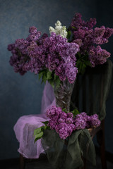 Bouquet of lilac on a dark background on a chair